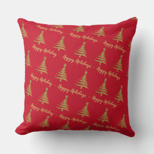 Christmas Trees Gold on Red Throw Pillow