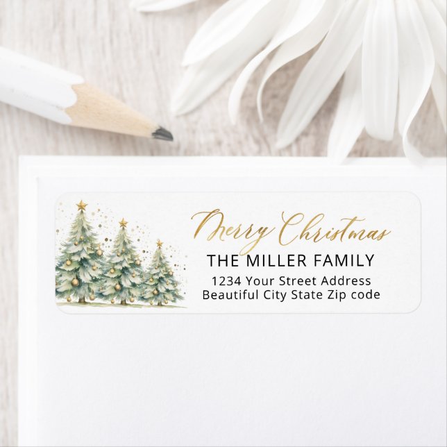 Christmas Trees Gold Script Return Address Label (Insitu)
