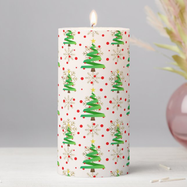 Christmas Trees & Gold Snowflakes Pillar Candle (In Situ)