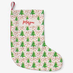 Christmas Trees & Gold Snowflakes, Red Script Name Small Christmas Stocking