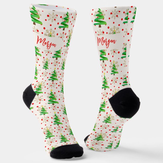 Christmas Trees & Gold Snowflakes, Red Script Name Socks (Angled)