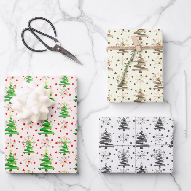 Christmas Trees & Gold Snowflakes, Sepia, Grey Wrapping Paper Sheets (Front)