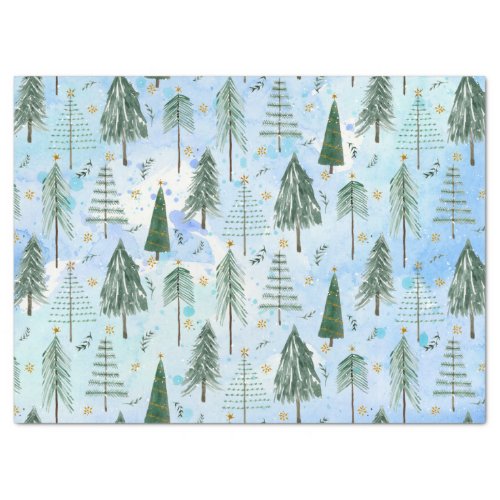 Christmas Trees Gold Stars Blue Watercolor Modern  Tissue Paper