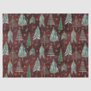 Christmas Trees Gold Stars Burgundy Rustic Wood Tissue Paper