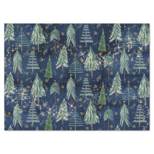 Christmas Trees Gold Twinkle Stars Navy Blue Wood Tissue Paper