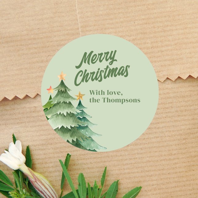 Christmas Trees Green Watercolor Custom Classic Round Sticker (Merry Christmas green Christmas tree gift sticker. )
