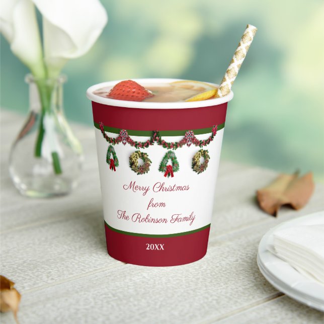 Christmas Trees Happy Holidays Wreath Personalize Paper Cups (Insitu)