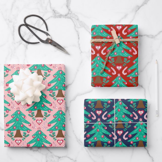 Christmas trees, hearts and candy red pink blue wrapping paper sheets (Front)