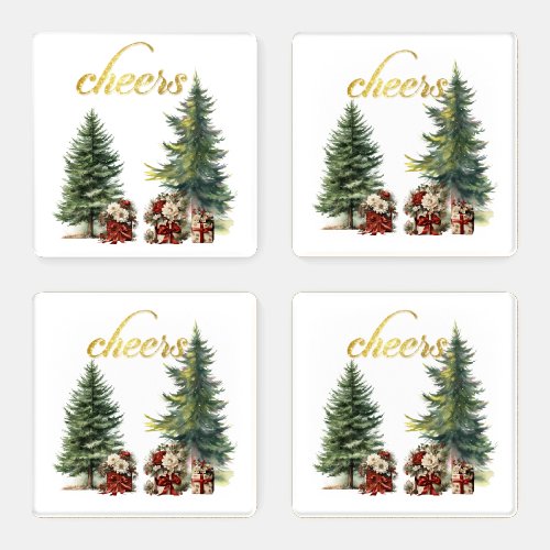 Christmas Trees Holiday Gifts Gold Glitter Cheers Coaster Set