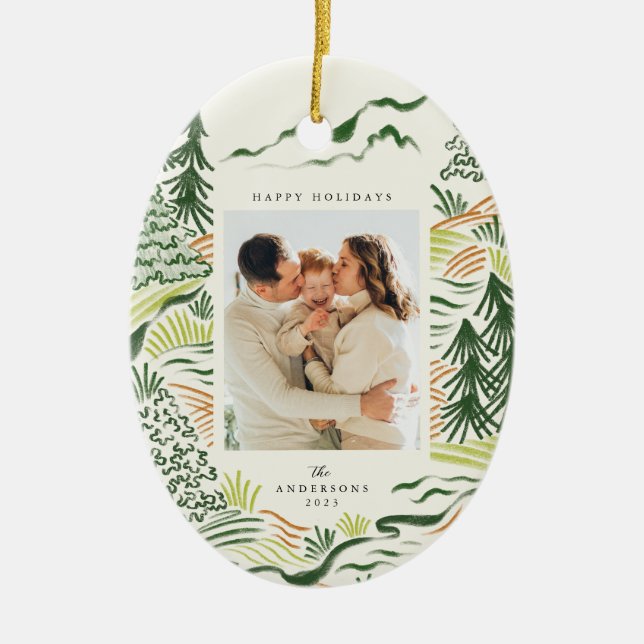 Christmas trees illustation holiday photo ceramic ornament (Front)