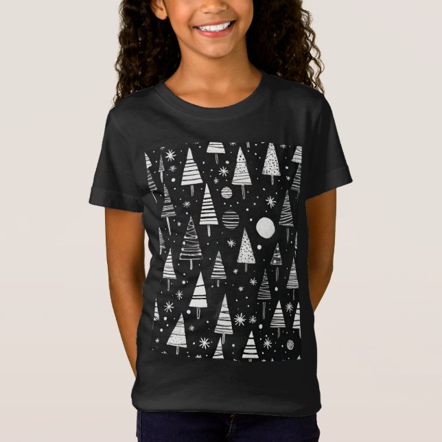 Christmas Trees In Black & White Line Art T-Shirt (Front)