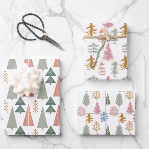 Christmas Trees in Pink Green and Orange Wrapping Paper Sheets
