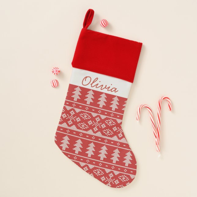 Christmas Trees Knitting Pattern Personalized Name Stocking (Front)