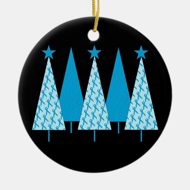 Christmas Trees - Light Blue Ribbon Ceramic Ornament (Front)