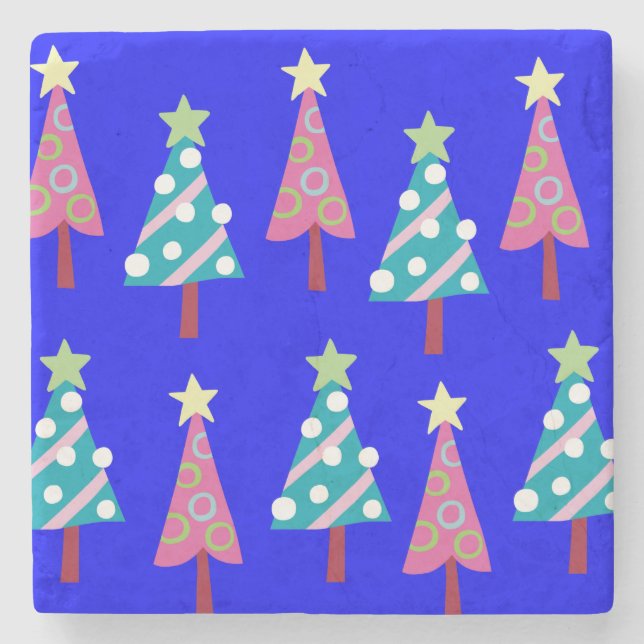 Christmas Trees Marble Stone Coaster, Pink & Blue Coaster (Front)
