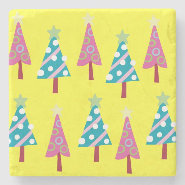 Christmas Trees Marble Stone Coaster, Pink & Blue  Coaster (Front)