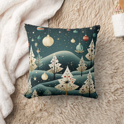Christmas Trees MCM Winter Countryside Ornaments  Throw Pillow
