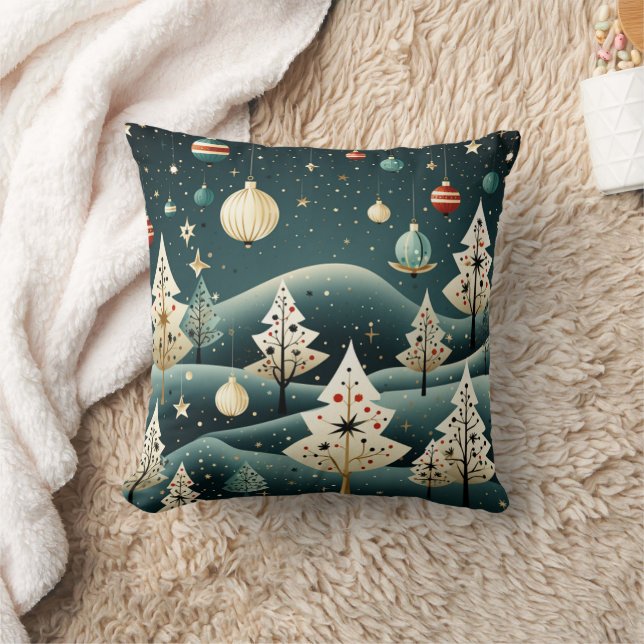 Christmas Trees MCM Winter Countryside Ornaments  Throw Pillow (Blanket)