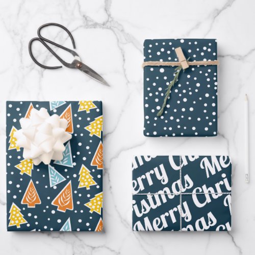 Christmas trees Merry Christmas snow blue Wrapping Paper Sheets
