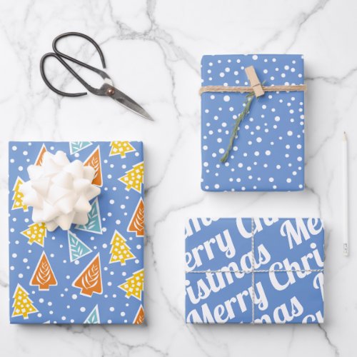 Christmas trees Merry Christmas snow blue Wrapping Paper Sheets