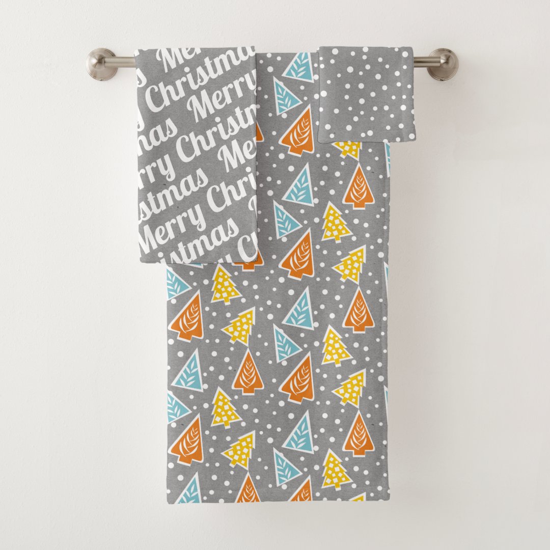 Christmas trees "Merry Christmas" snow gray rustic Bath Towel Set | Zazzle