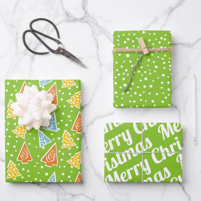Christmas trees "Merry Christmas" snow lime green Wrapping Paper Sheets (Front)