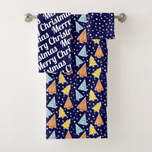 Christmas trees "Merry Christmas" snow navy blue Bath Towel Set