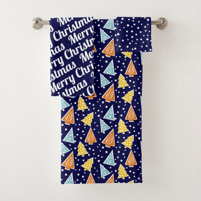 Christmas trees "Merry Christmas" snow navy blue Bath Towel Set (Insitu)
