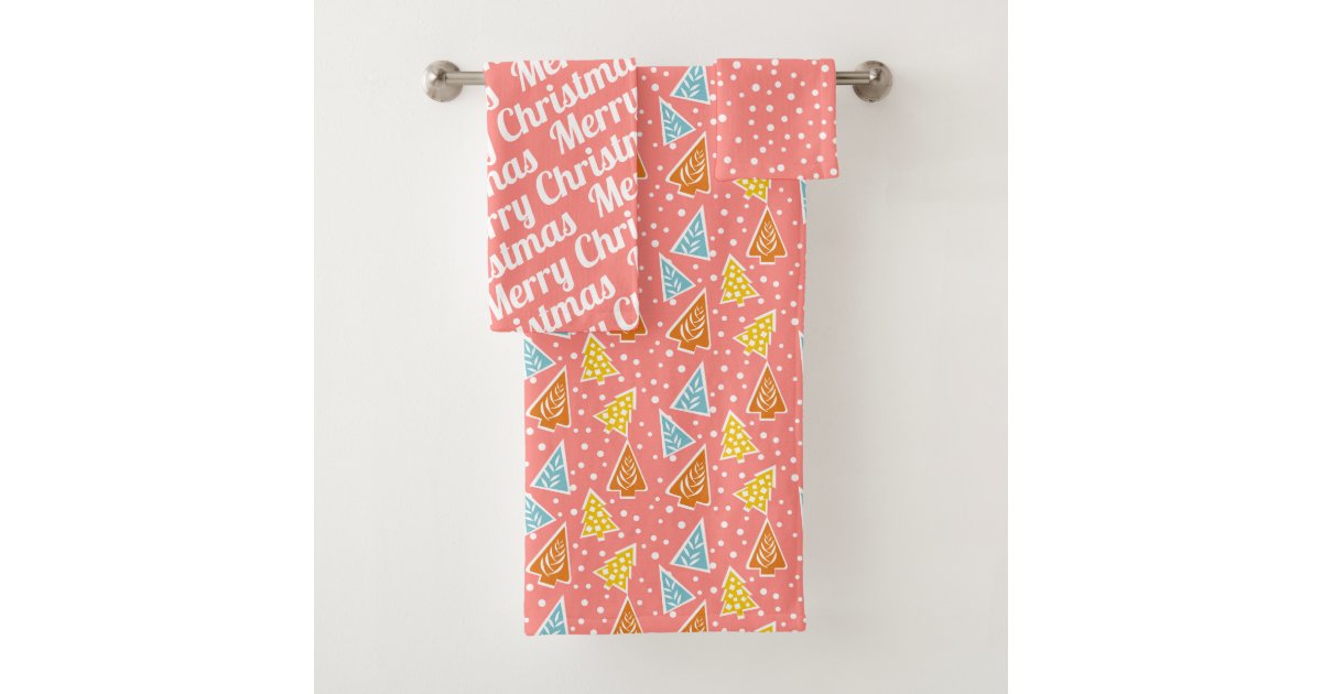 Christmas trees "Merry Christmas" snow pink Bath Towel Set | Zazzle