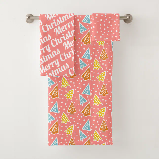 Christmas trees "Merry Christmas" snow pink Bath Towel Set | Zazzle