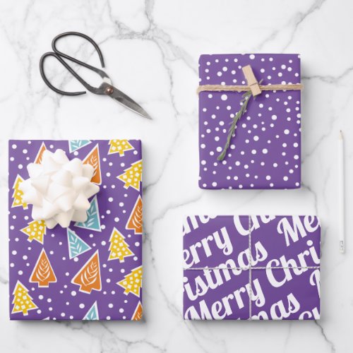 Christmas trees Merry Christmas snow purple Wrapping Paper Sheets