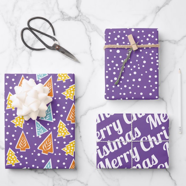 Christmas trees "Merry Christmas" snow purple Wrapping Paper Sheets (Front)