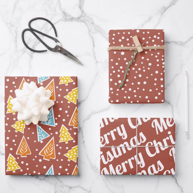 Christmas trees, "Merry Christmas", terracotta Wrapping Paper Sheets (Front)