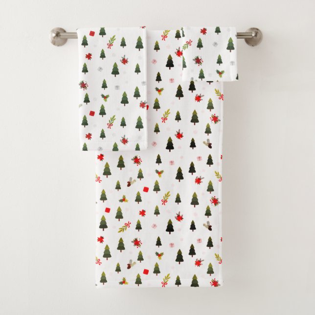 Christmas Trees, Mistletoe & Gifts Bath Towel Set (Insitu)