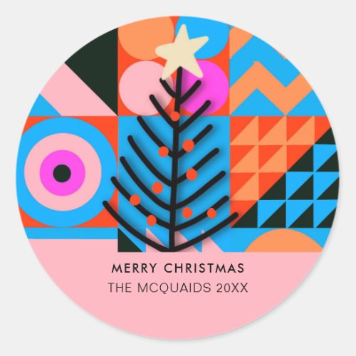 Christmas Trees Modern Geometric  Pinks Blues Classic Round Sticker