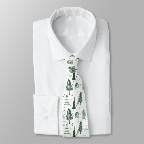 Christmas Trees Modern Watercolor Star Foliage Neck Tie