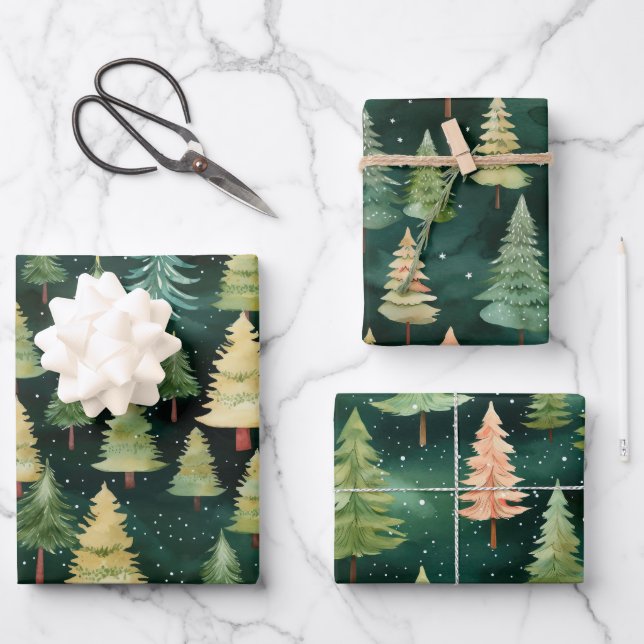 Christmas Trees Night Forest Wrapping Paper Sheets (Front)