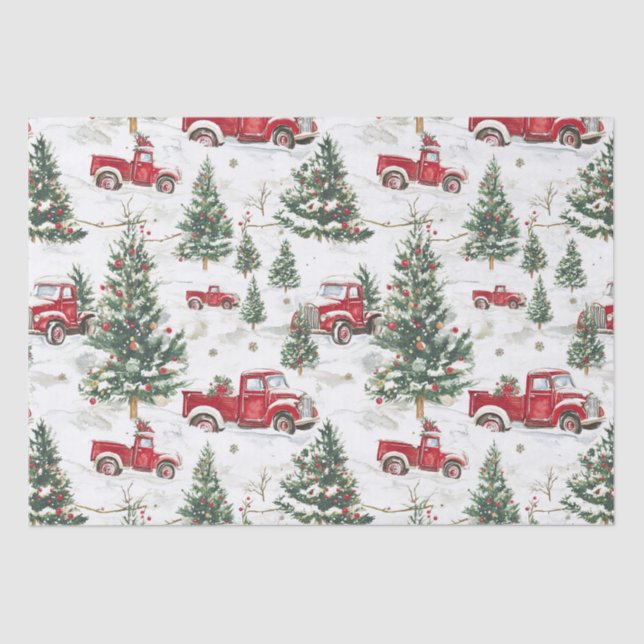 Christmas Trees Old Red Truck Tissue Paper (Front)
