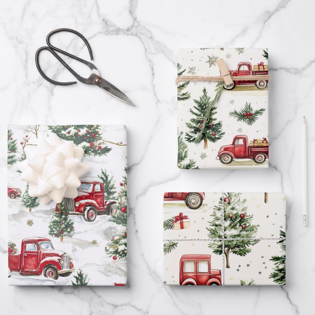 Christmas Trees Old Red Truck Wrapping Paper Sheets (Front)