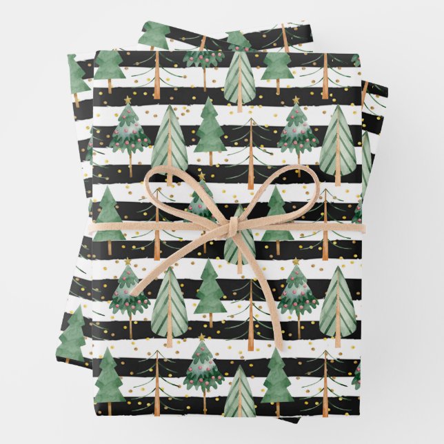 Christmas Trees on Black White Stripes Dots Wrapping Paper Sheets (In situ)