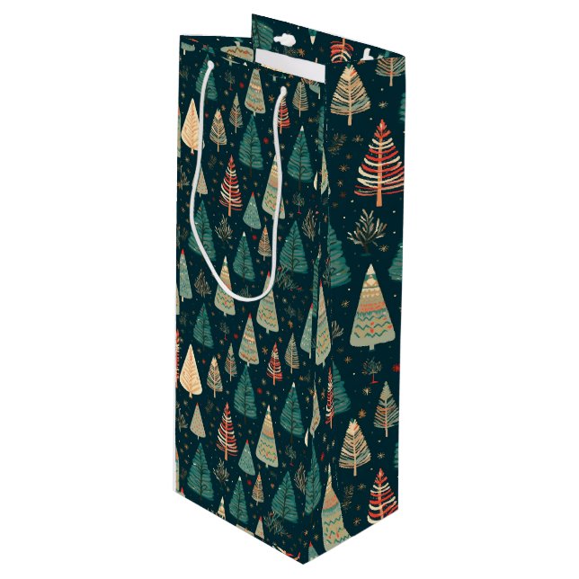 Christmas Trees on Green Wine Gift Bag (Front Angled)