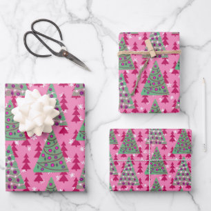 Christmas Trees on Hot Pink Wrapping Paper Sheets