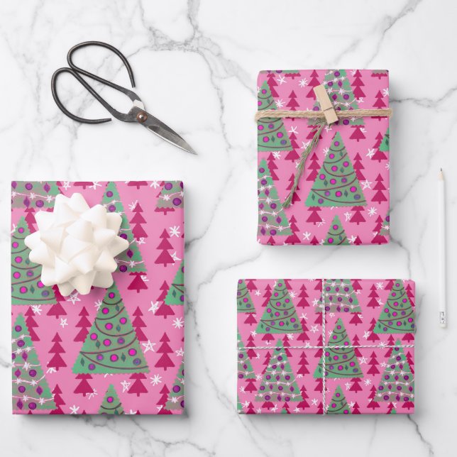 Christmas Trees on Hot Pink Wrapping Paper Sheets (Front)