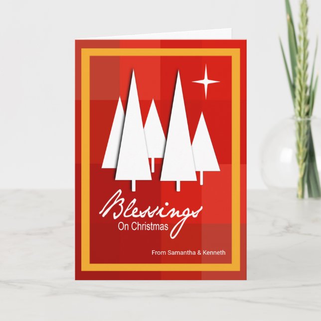 Christmas Trees On Red Checked Boxes Card (Front)