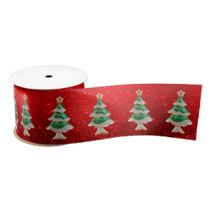 Christmas Trees on Red Glitters Satin Ribbon