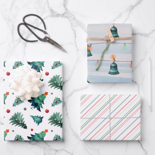 Christmas Trees Ornaments and Stripes Wrapping Paper Sheets