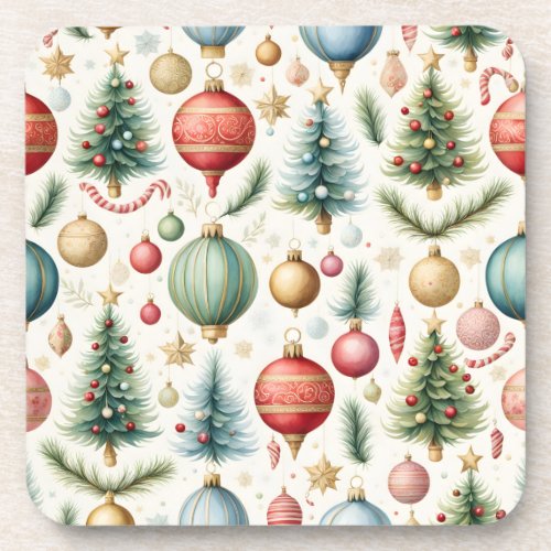 Christmas Trees Ornaments Candy Canes Pattern Beverage Coaster