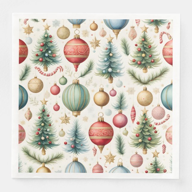 Christmas Trees Ornaments Candy Canes Pattern Paper Dinner Napkins (Front)
