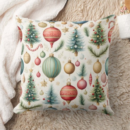 Christmas Trees Ornaments Candy Canes Pattern Throw Pillow