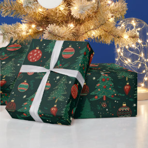 Christmas Trees Ornaments Dark Green Christmas Wrapping Paper